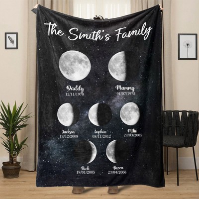 Personalised Moon Phase Family Blanket with Kids Names Family Keepsake Gifts