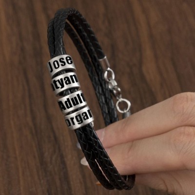Personalised Braided Leather Bracelet With Kids Names Father's Day Gift