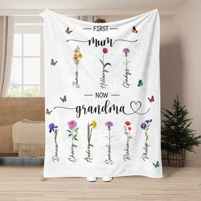 Custom First Mum Now Grandma Birth Month Flower Blanket Unique Gift for Mum Grandma Mother's Day Gift Ideas