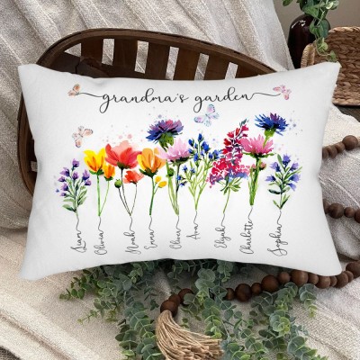 Personalised Grandma's Garden Birth Flower Print Art Pillow for Her