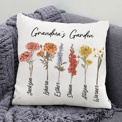 Personalised Grandma's Birth Flower Pillow with Kids Names