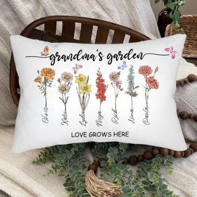 Personalised Birth Flower Print Art Pillow For Mum Grandma