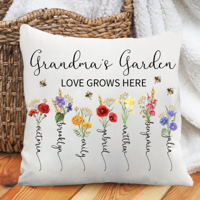 Personalised "Love Grows Here" Birth Flower Pillow with Names 