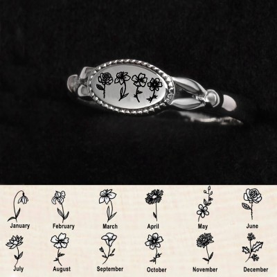 Personalised Birth Flower Vintage Ring for Her