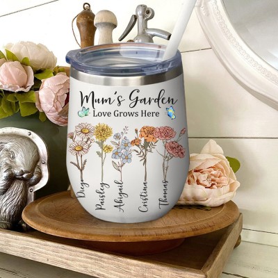 Personalised Mum's Garden Love Grows Here Birth Flower Wine Tumbler Gift Ideas for Mum Grandma Mother's day Gifts