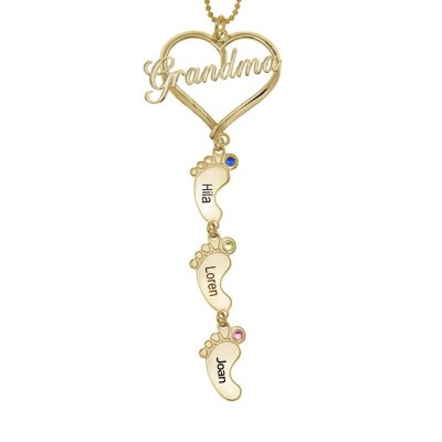 Personalised Grandma Birthstone Necklace With Engraved Names Baby Feet Pendants Family Gift For Grandma