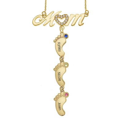 Personalised 1-10 Baby Feet Pendants Family Birthstone Necklace With Engraved Name Birthday Gift For Mum Grandma