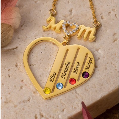 Personalised Heart Shaped Mum Necklace With Engraved Names And Birthstones Family Gifts Ideas