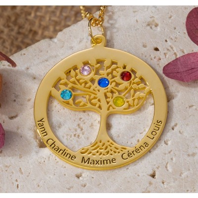 Personalised Tree of Life Name Birthstones Necklace Best Gifts For Mum Grandma