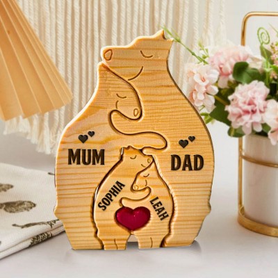 Personalised Wooden Hugging Bear Figurines Family Puzzle with Names