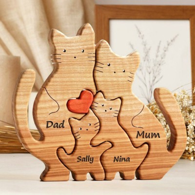 Personalised Wooden Cat Figurines Family Puzzle with Names
