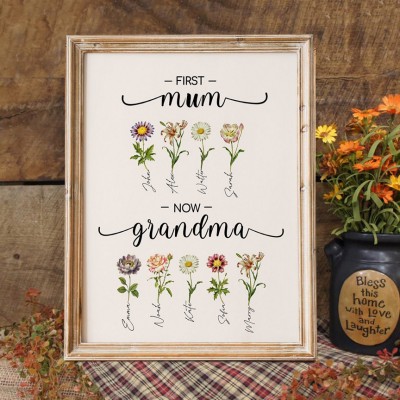 First Mum Now Grandma Custom Birth Month Flowers Frame Unique Gift For Mum Grandma Christmas Gift