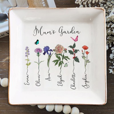 Custom Mum's Garden Birth Flower Jewellery Dish with Kids Names Unique Christmas Gift for Mum Grandma