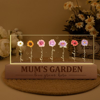 Personalised Mum's Garden Love Grows Here Birth Flower Wood Night Light Keepsake Gifts for Mum Grandma Christmas Gift