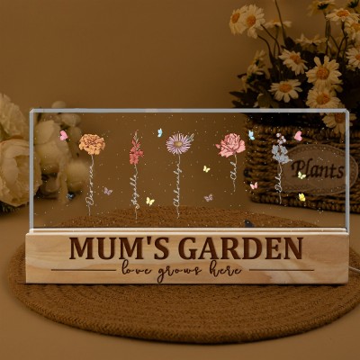 Custom Mum's Garden Birth Flower Love Grows Here Wood Night Light Christmas Gifts For Mum Grandma 
