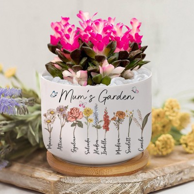 Personalised Birth Flower Print Art Pot with Names for Her