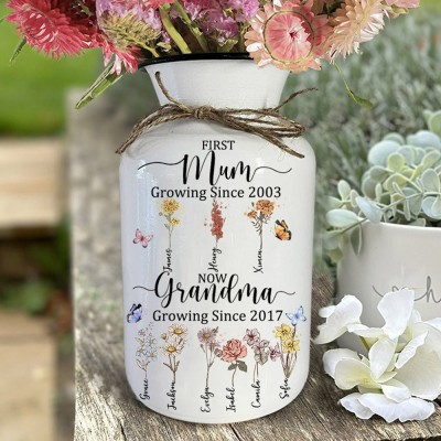 Custom First Mum Now Grandma Birth Flower Vase with Kids Name Gifts for Mum Grandma Mother's Day Gift Ideas