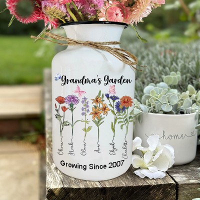 Personalised Grandma's Garden Birth Flower Vase with Kids Names Mother's Day Gift 