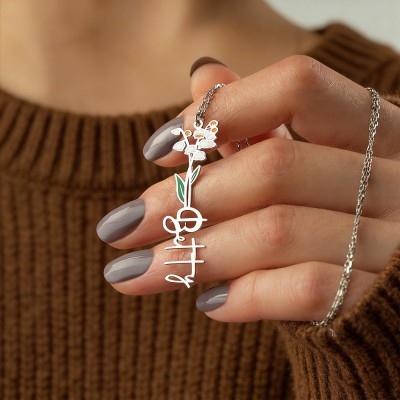 Custom Name Birth Month Flower Necklace Personalised Floral Pendant Gift for Women Birthday Gift For Mum Grandma Mothers Day Gift