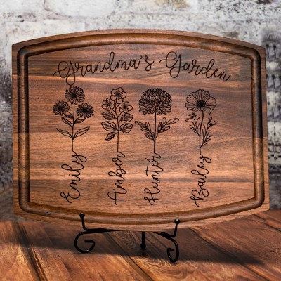 Custom Grandma's Garden Birth Month Flower Cutting Board with Engraved Names Gifts for Mum Grandma