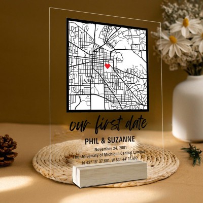 Personalised Our First Date Location Map Acrylic Plaque for Couple Anniversary Gifts for Her Him Valentine's Day Gift Ideas
