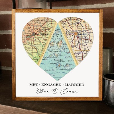 Custom Heart Shaped Met Engaged Married Map Print Frame Unique Wedding Anniversary Gift for Her Him Valentines Day Gifts