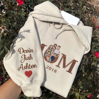 Personalised Mum Embroidered Photo Portrait Hoodie with Kids Names Gift Ideas for Mum Grandma Mother's Day Gifts
