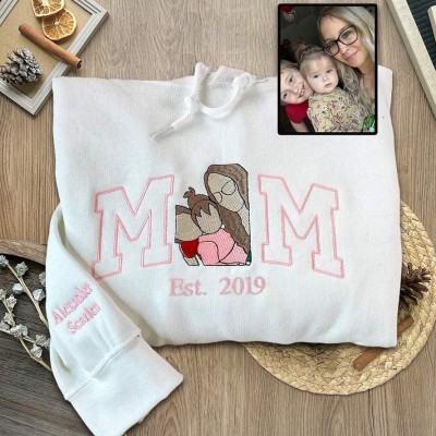 Custom Embroidered Mama Photo Portrait Hoodie with Kids Names on Sleeve Gifts for Mum Mother's Day Gift Ideas