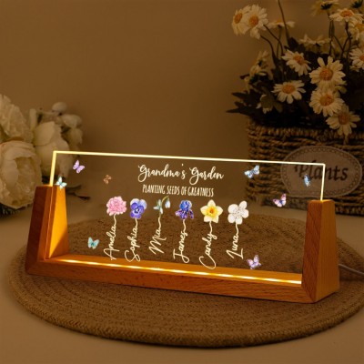Grandma's Garden Birth Month Flower Night Light with Kids Names Personalised Gifts for Grandma Mum Mother's Day Gift