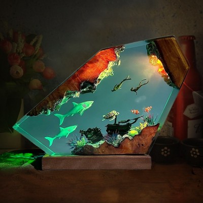 Great White Shark and Couple Divers Night Light Resin Wood Lamp Christmas Gift Birthday Gift Ideas