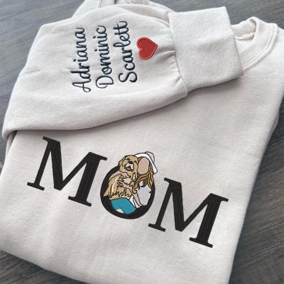 Mum Embroidered Photo Portrait Sweatshirt with Kids Names on Sleeve Custom Gifts for Mum New Mum Gift Mother's Day Gift