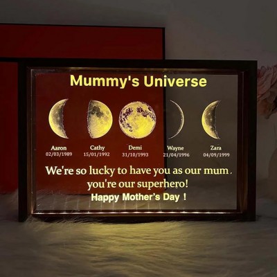 Custom Mummy's Universe Moon Phase Night Light Frame with Kids Names Gifts for Mum Grandma Unique Mother's Day Gift