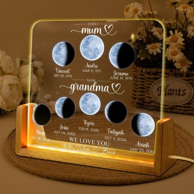 Custom First Mum Now Grandma Moon Phase Night Light By Date with Kids Names for Mother's Day Gift Unique Gift for Mum Grandma