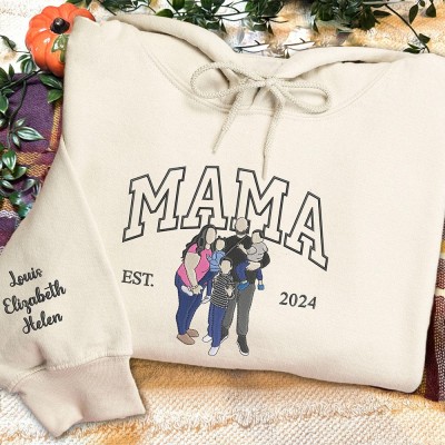 Custom Embroidered Mama Photo Portrait Hoodie with Kids Names on Sleeve Gifts for Mum Mother's Day Gift Ideas