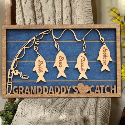 Custom Granddaddy's Catch Fishing Wood Frame Sign With Grandkids Names Unique Father's Day Gift