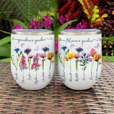 Personalised Mama's Garden Birth Flower Wine Tumbler with Names Gifts for Grandma Mum Mother's day Gift Ideas