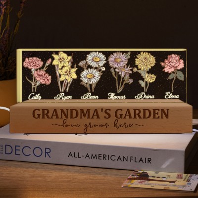 Personalised Grandma's Garden Birth Flower Wood Night Light Unique Gifts for Mum Grandma Christmas Gift