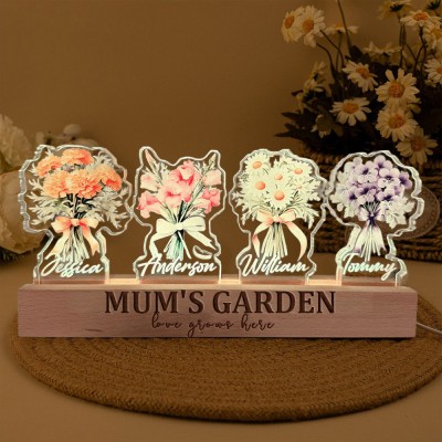 Mum's Garden Custom Birth Month Flower Bouquet Night Light with Kids Names for Mum Mother's Day Gift Ideas