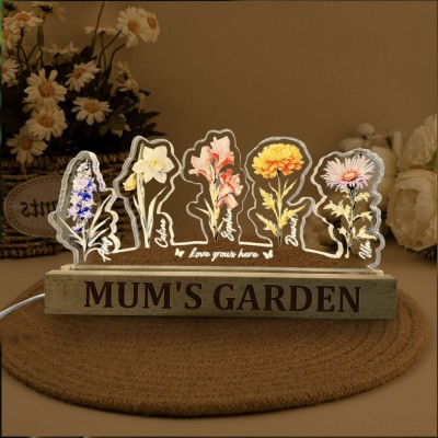 Mum's Garden Custom Birth Month Flower Wood Night Light with Kids Names for Mum Mother's Day Gift Ideas