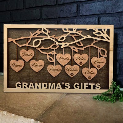 Personalised Engraved Wood Family Tree Sign with Grandkids Names for Grandma Gifts for Family Unique Christmas Gift