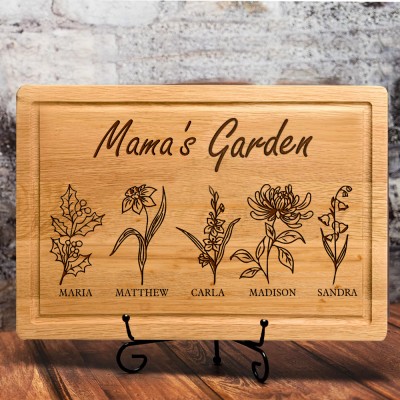 Personalised Mama's Garden Birth Month Flower Cutting Board with Kids Names Gifts for Grandma Mum