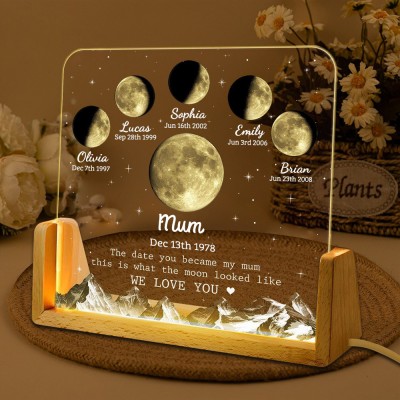 The Date You Became My Mum Personalised Moon Phase Night Light with Kids Names Keepsake Gifts for Mum Mother's Day Gift