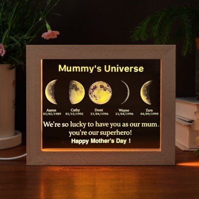 Custom Mummy's Universe Moon Phase Night Light By Date with Kids Names Gifts for Mother's Day Unique Gift for Mum