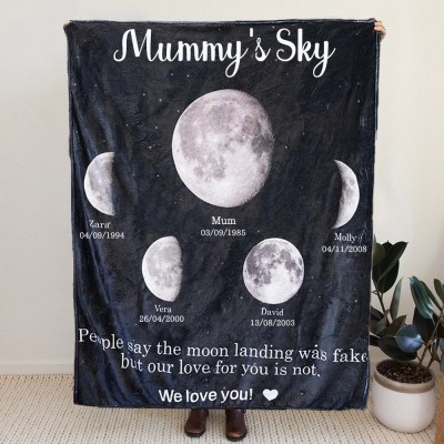 Personalised Mummy's Sky Moon Phase Family Blanket With Kids Names Unique Birthday Keepsake Gift For Mum