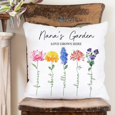Personalised Nana's Garden Birth Flower Pillow with Kids Names