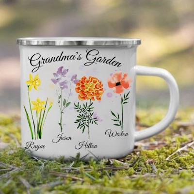 Personalised Grandma's Birth Flower Camping Mug with Kids Names
